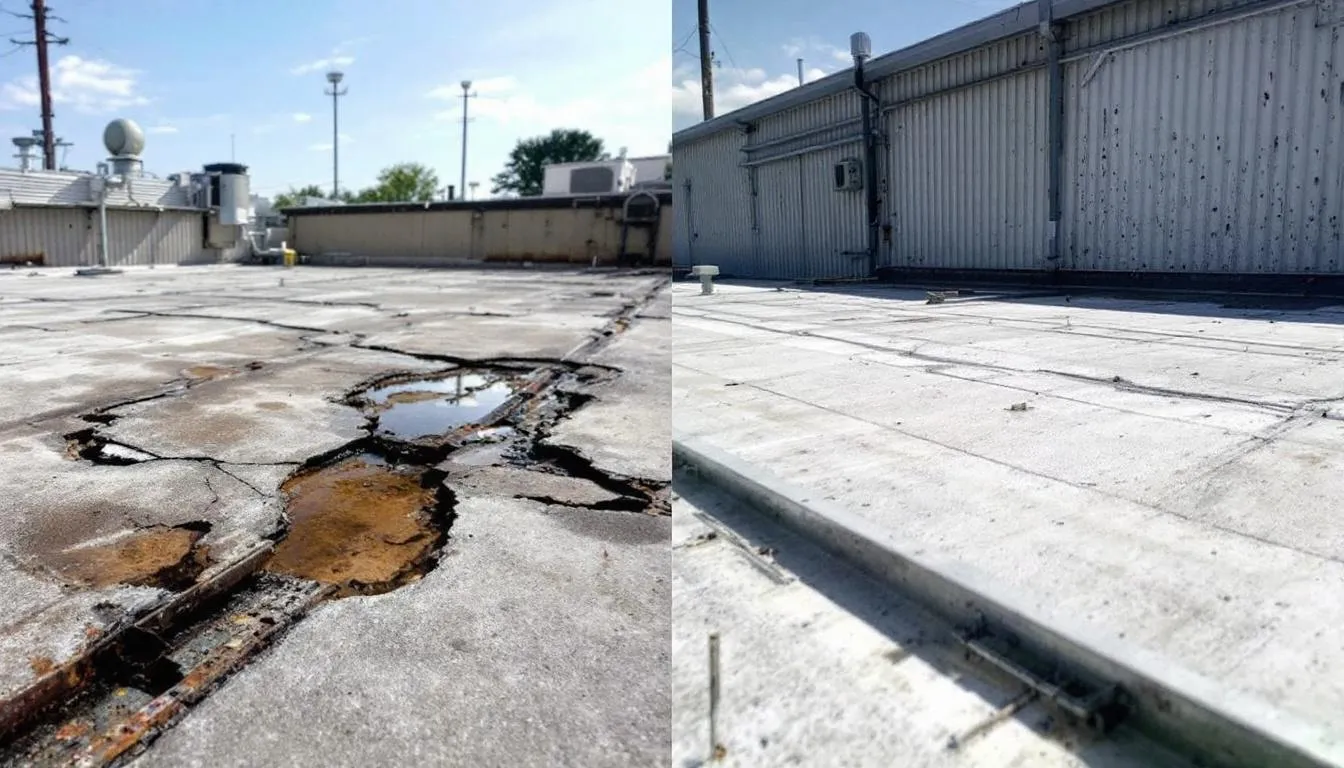 Before and after images of a successful commercial roofing project.