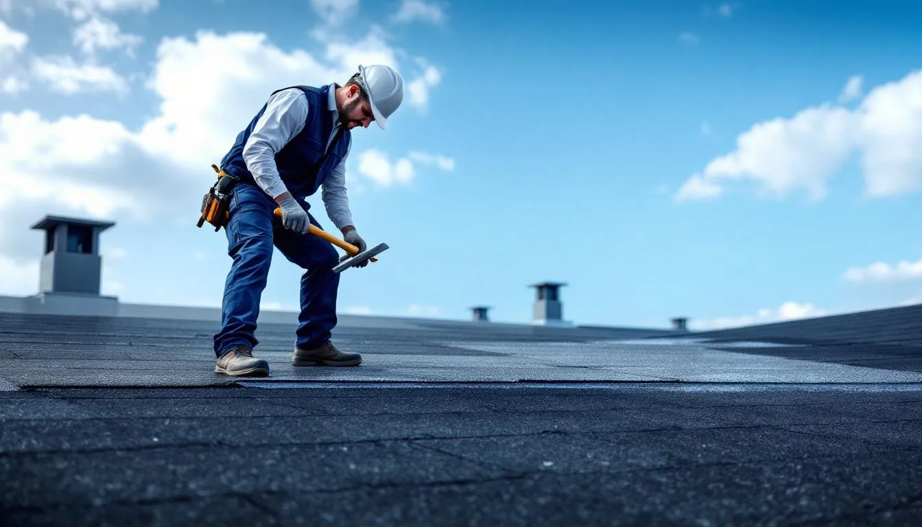 A commercial roofer working on a building roof.