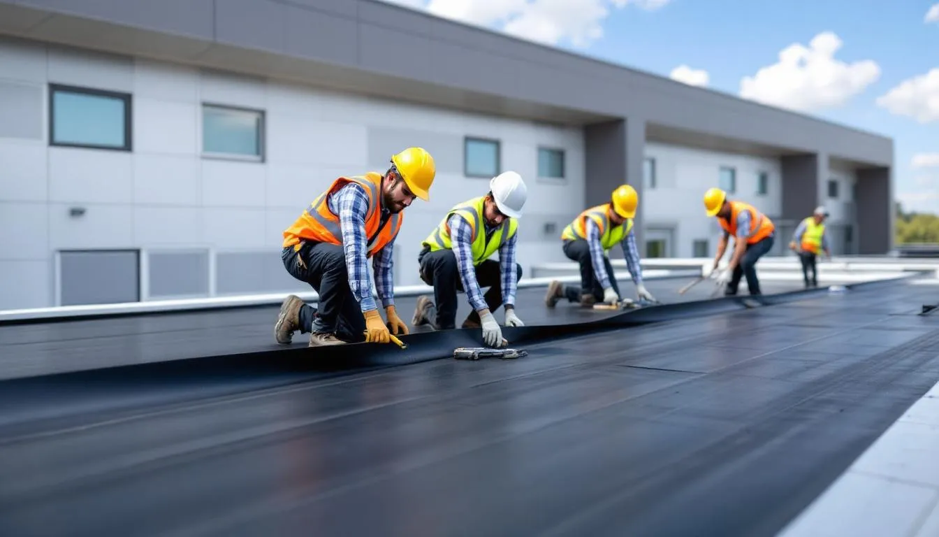 A team of roofers working on a commercial roofing project.