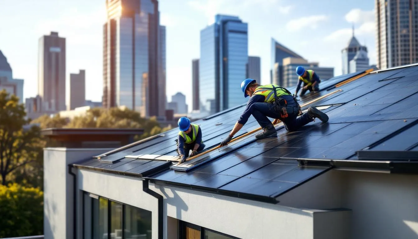 A crew performing roof repairs on a residential property.