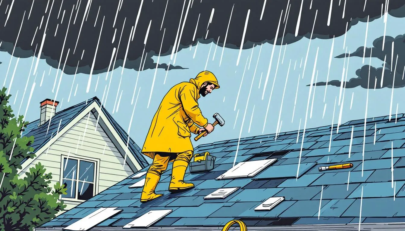 Emergency roof repairs being conducted during a storm.
