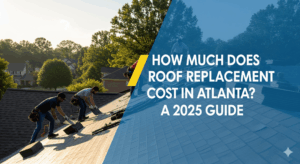 A team of roofers works on a shingle roof with a blue and yellow overlay containing the title "How Much Does Roof Replacement Cost in Atlanta? A 2025 Guide" in white text