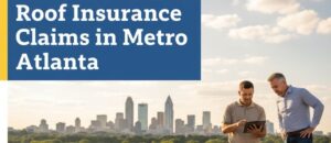 A professional roof inspector on a damaged roof in Metro Atlanta, examining it for signs of hail or storm damage. An overlay in the top left corner has the title "Roof Insurance Claims in Metro Atlanta" in white text on a blue and canary yellow background