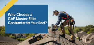 A professional roofer without logos on their clothing, working on a shingle roof. A title overlay in the top left corner has a blue background and canary yellow highlight with the white text "Why Choose a GAF Master Elite Contractor for Your Roof?"