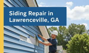 A construction worker in a white hard hat and blue shirt is on scaffolding, actively repairing blue vinyl siding on a residential home in Lawrenceville, GA, with a stack of new siding panels nearby and green trees under a sunny sky in the background. The image features a badge blue and canary yellow overlay with the title "Siding Repair in Lawrenceville, GA" in white text.