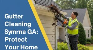A professional in a safety vest stands on a ladder, using a leaf blower to clear a large amount of autumn leaves and debris from a residential gutter. The image is set in a landscape format and features a badge blue and canary yellow overlay with the title "Gutter Cleaning Smyrna GA: Protect Your Home From Top to Bottom" in white text.