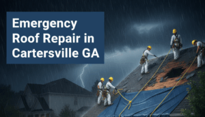 In a dramatic scene during a thunderstorm with lightning, a team of roofers in yellow hard hats and safety gear are performing emergency repairs on a damaged roof. A large blue tarp is partially covering the exposed roof, and a yellow service truck with a generator is parked in the driveway.