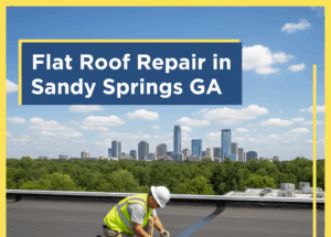 A roofer in a white hard hat and yellow safety vest is kneeling on a dark flat commercial roof, actively repairing a seam with tools and materials laid out on a drop cloth. The skyline of Sandy Springs, GA, is visible in the background over green trees under a bright blue sky. The image features a title banner in badge blue with "Flat Roof Repair in Sandy Springs GA" in white text, framed by canary yellow borders.