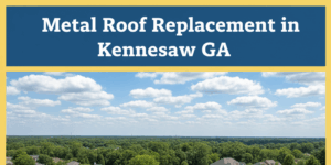 An aerial view shows a roofer in a white hard hat and safety harness working on installing a dark grey metal roof on a residential home. A suburban neighborhood with numerous houses and green trees stretches into the distance under a blue sky with white clouds. The image features a top banner in badge blue with the title "Metal Roof Replacement in Kennesaw GA" in white text, bordered by canary yellow.