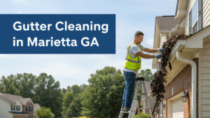 Two workers are cleaning gutters at a residential house. One worker, wearing a safety vest, is on a ladder removing leaves and debris from the gutter, while another worker on the ground operates a powerful leaf vacuum near several black garbage bags. A yellow service truck is parked in the background.