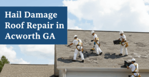 A team of roofers in white uniforms, hard hats, and safety harnesses are engaged in hail damage roof repair on a residential house. Some workers are on the roof removing old shingles and installing new ones, while another is on a ladder. A large yellow dumpster is in the driveway, and a blue tarp on the ground is covered with shingles and tools.