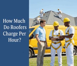 A homeowner is discussing a roofing project with two roofers in yellow hard hats and safety harnesses next to a yellow service van. One roofer is holding a clipboard. In the background, other roofers are working on the roof of a house. Roofing tools are laid out on a blue tarp on the lawn.