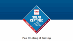 The GAF Energy Solar Certified Contractor logo, showing Pro Roofing & Siding is a 2026 GAF Energy Solar Certified Contractor authorized to offer enhanced warranties on Timberline Solar roof systems.