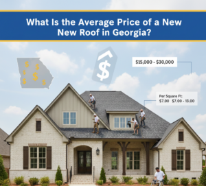 A high-quality photo of a residential roof in Georgia with architectural shingles. The image includes a title overlay: "What Is the Average Price of a New Roof in Georgia?" in white text on a solid badge blue background with no yellow border lines.