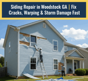 A close-up of a home exterior in Woodstock, GA, showing damaged siding with cracks and warping being repaired by a professional. The image includes a high-contrast title "Siding Repair in Woodstock GA" on a blue and yellow banner.