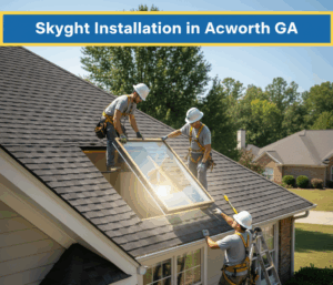 A professional roofing crew installing a high-quality skylight into a residential roof in Acworth, GA, allowing natural light into the home. The image features a high-contrast title "Skylight Installation in Acworth GA" on a blue and yellow banner.