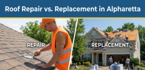 A split-screen comparison graphic. A top badge blue banner reads "Roof Repair vs. Replacement in Alpharetta" in white text, underlined by a canary yellow accent line. The left side, labeled "REPAIR", shows a roofer in an orange safety vest patching a section of shingles. The right side, labeled "REPLACEMENT", shows a crew performing a full roof replacement on a large suburban home with stacks of materials in the driveway.