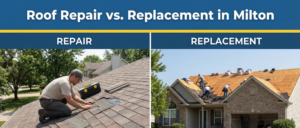 A split-screen comparison image for a roofing blog. The top banner is badge blue with white text reading "Roof Repair vs. Replacement in Milton" above a canary yellow accent line. The left side, labeled "REPAIR", shows a roofer fixing a specific section of damaged shingles. The right side, labeled "REPLACEMENT", shows a full crew tearing down and installing a completely new roof on a suburban home with materials stacked in the driveway.