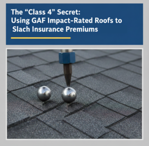 A close-up shot of a Class 4 impact-rated roofing shingle undergoing a laboratory hail test with a steel ball. The header is badge blue with white text and a canary yellow accent line.