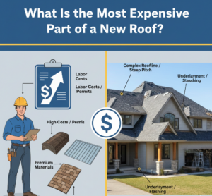 A detailed view of high-quality roofing materials and installation, featuring a title overlay "What Is the Most Expensive Part of a New Roof?" in white text on a badge blue background with canary yellow accents.
