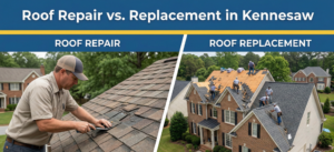 Top Roof Leak Repair in Kennesaw GA – Fast & Reliable Solutions 5 A split-screen comparison graphic. The top header is badge blue with white text reading "Roof Repair vs. Replacement in Kennesaw," underlined by a canary yellow accent line. The left side, labeled "ROOF REPAIR," shows a roofer repairing shingles. The right side, labeled "ROOF REPLACEMENT," shows a crew performing a full install on a suburban home. Subtitles include "Targeted fixes" and "Comprehensive upgrade."