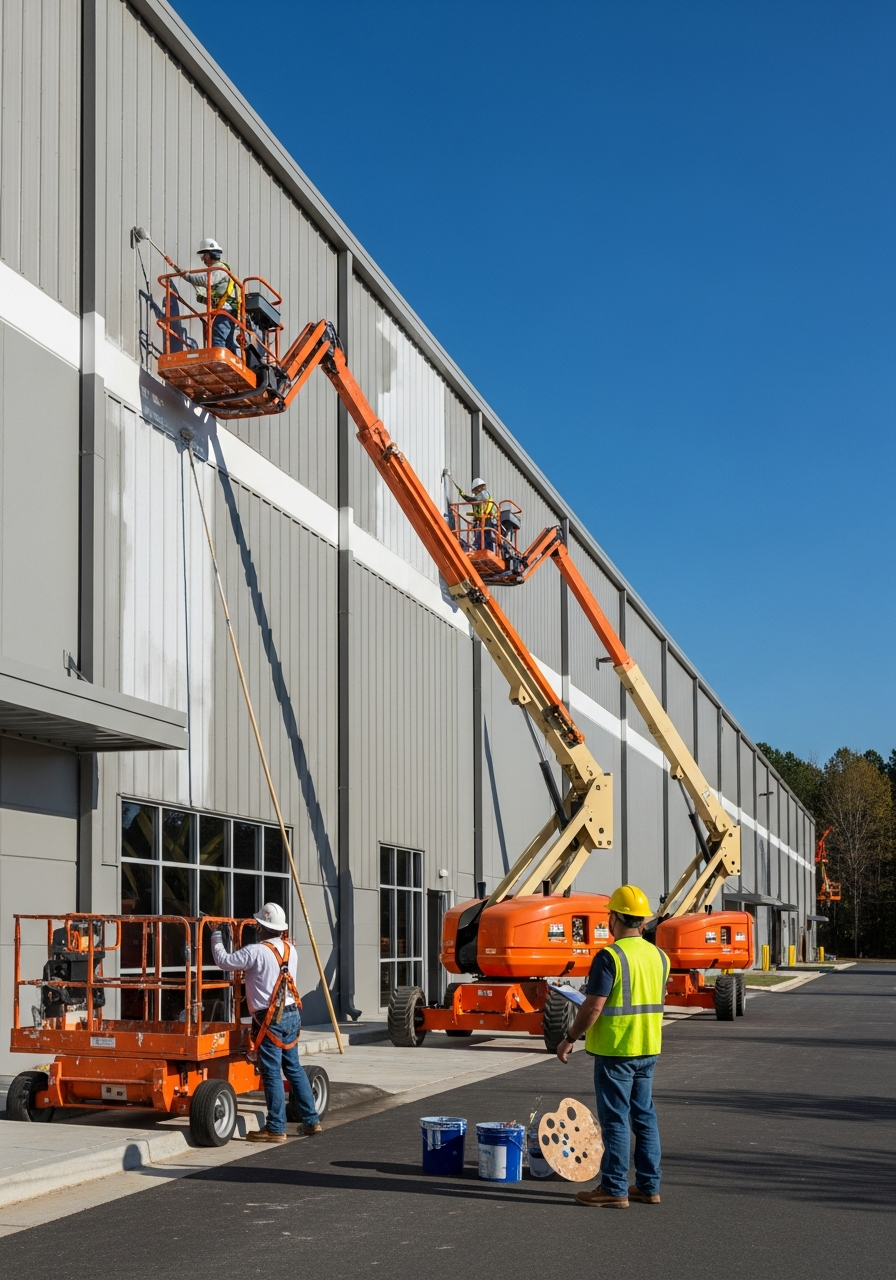 Commercial exterior painting contractor Atlanta industrial buildings - warehouse facility being painted by professional crew