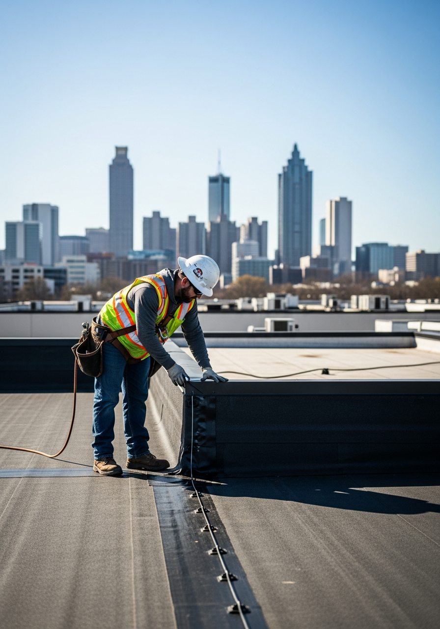 EPDM rubber roof repair cost Georgia commercial building - contractor repairing membrane on flat roof